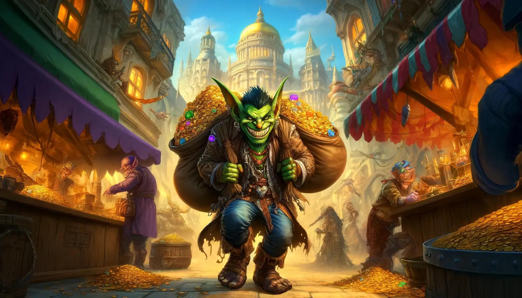 A vibrant fantasy scene inspired by World of Warcraft featuring a mischievous Goblin with loot bags