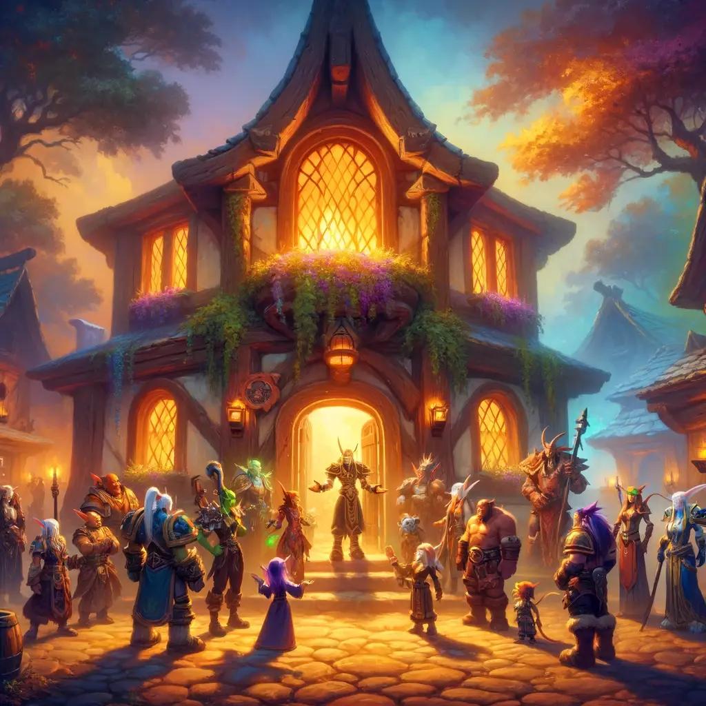A vibrant World of Warcraft scene featuring a diverse group of races standing outside a welcoming tavern