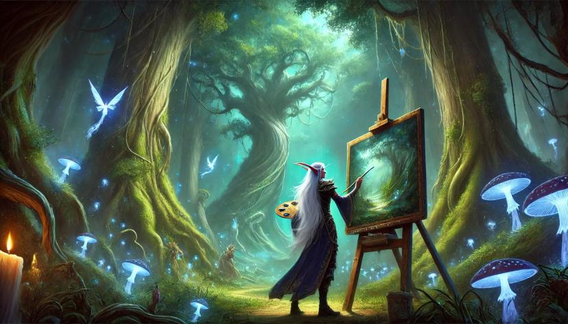 A World of Warcraft scenery featuring a night elf artist painting in the magical forests.