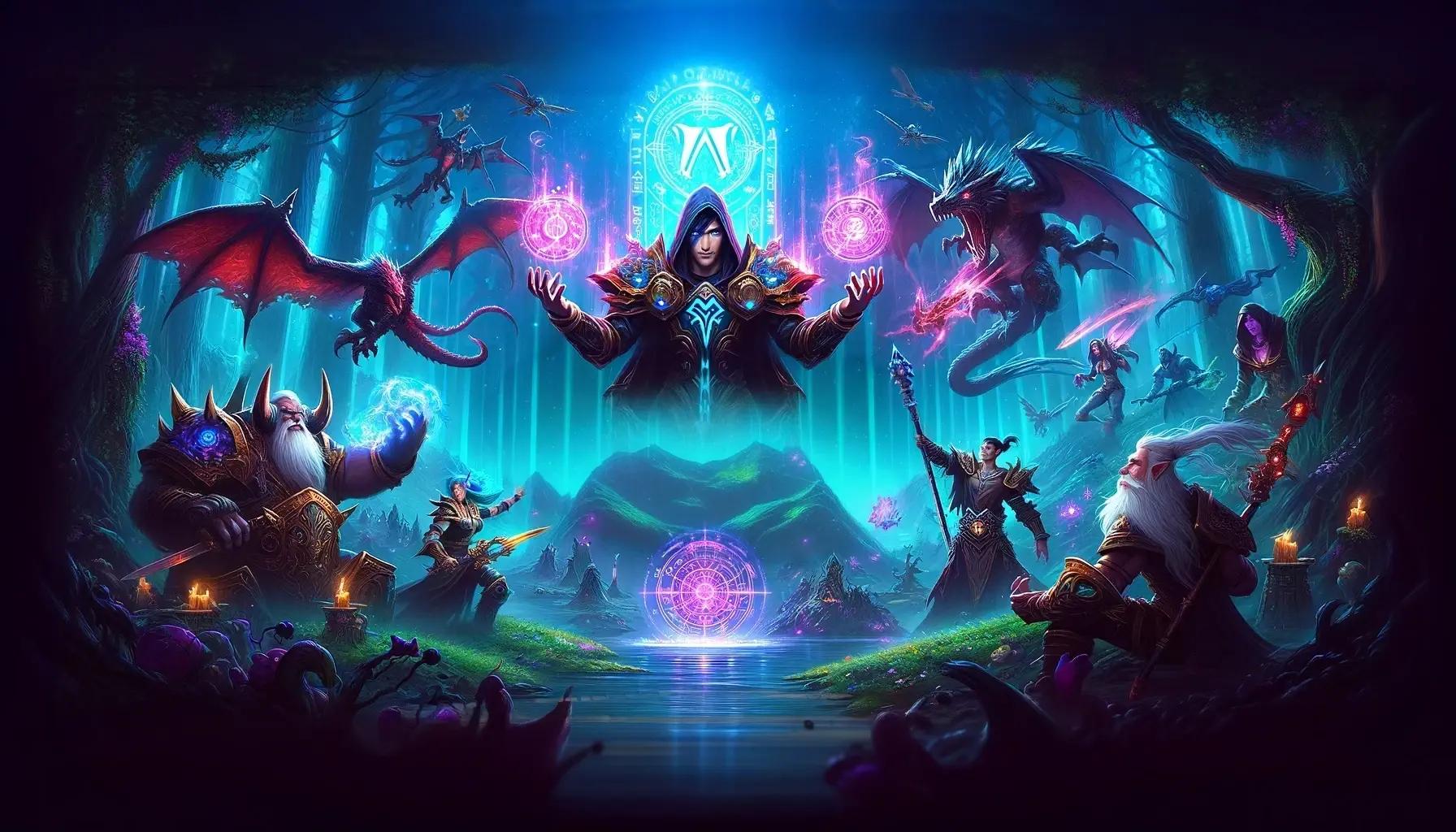 A fantasy-inspired design related to World of Warcraft with a dark, mystical background and vibrant, glowing magical elements