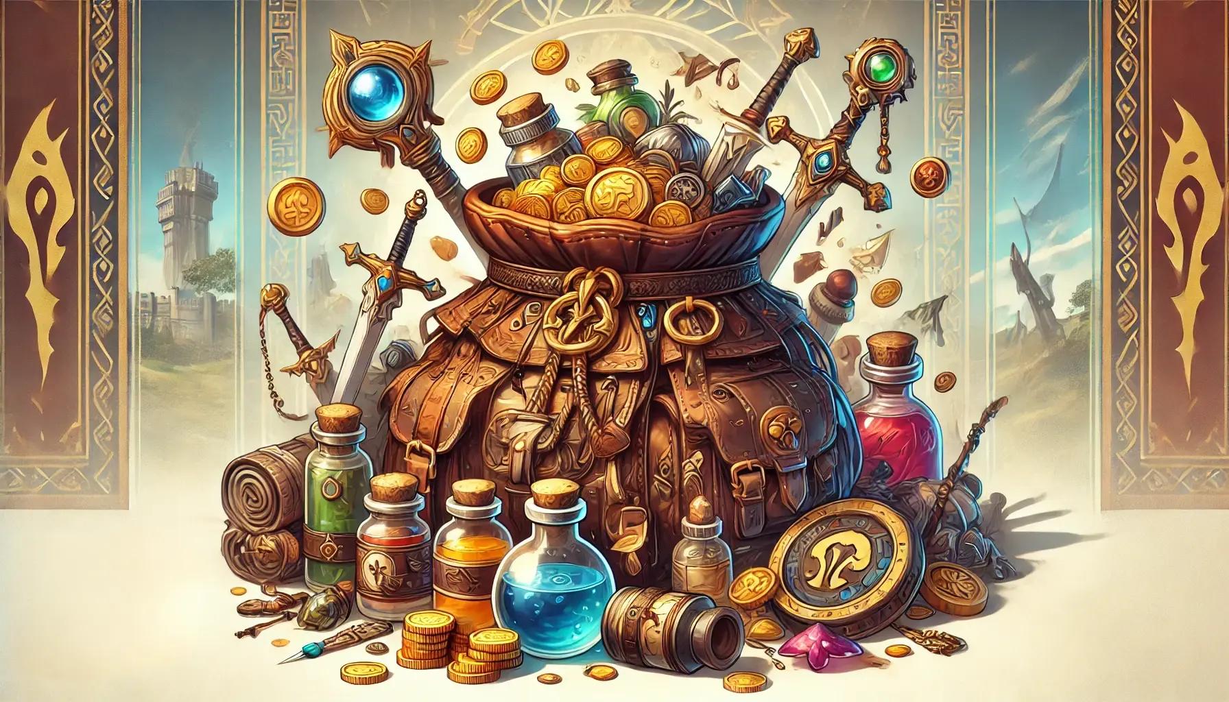 A World of Warcraft style image featuring a large, detailed adventurer's bag with various items spilling out around it.